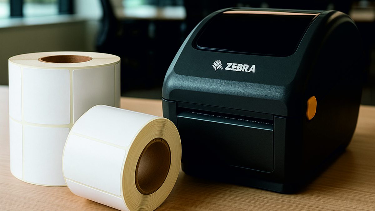 Ofis ortamında çekilmiş bu görselde, bir Zebra marka barkod yazıcısı ile iki adet boş rulo etiket yan yana bir masa üzerinde durmaktadır. Arka planda geniş pencerelerden gün ışığı alan, modern ve sade tasarımlı bir ofis ortamı görünmektedir.