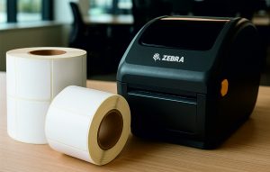Ofis ortamında çekilmiş bu görselde, bir Zebra marka barkod yazıcısı ile iki adet boş rulo etiket yan yana bir masa üzerinde durmaktadır. Arka planda geniş pencerelerden gün ışığı alan, modern ve sade tasarımlı bir ofis ortamı görünmektedir.