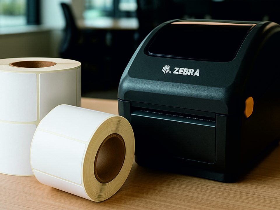Ofis ortamında çekilmiş bu görselde, bir Zebra marka barkod yazıcısı ile iki adet boş rulo etiket yan yana bir masa üzerinde durmaktadır. Arka planda geniş pencerelerden gün ışığı alan, modern ve sade tasarımlı bir ofis ortamı görünmektedir.