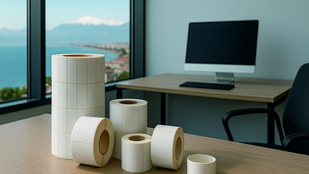Antalya manzaralı ofis masasının üzerinde farklı boyutlarda boş rulo etiketler yer alıyor. Arka planda deniz ve dağlarla Antalya şehir manzarası görünüyor.