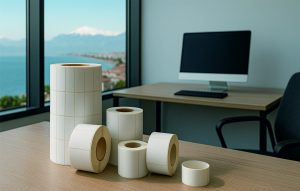 Antalya manzaralı ofis masasının üzerinde farklı boyutlarda boş rulo etiketler yer alıyor. Arka planda deniz ve dağlarla Antalya şehir manzarası görünüyor.