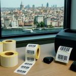 İstanbul manzaralı modern bir ofiste masa üzerinde rulo etiketler, barkod yazıcısı ve barkod okuyucular - Etiket İstanbul temalı görsel.