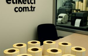 barkod etiket çeşitleri ve kullanım alanları ile ilgili etiketci.com.tr web sitesinin iş yerinde ve üretiminde göründüğü rulo etiketlerinin olduğu görsel