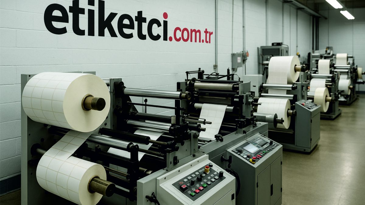Baskısız rulo etiket üretiminin yapıldığı modern bir üretim tesisinde, etiket kesim ve sarım makineleriyle birlikte üretim süreci detaylı şekilde görülüyor. Arka planda "etiketci.com.tr" logosu duvarda yer alıyor.