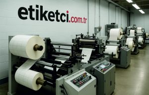 Baskısız rulo etiket üretiminin yapıldığı modern bir üretim tesisinde, etiket kesim ve sarım makineleriyle birlikte üretim süreci detaylı şekilde görülüyor. Arka planda "etiketci.com.tr" logosu duvarda yer alıyor.