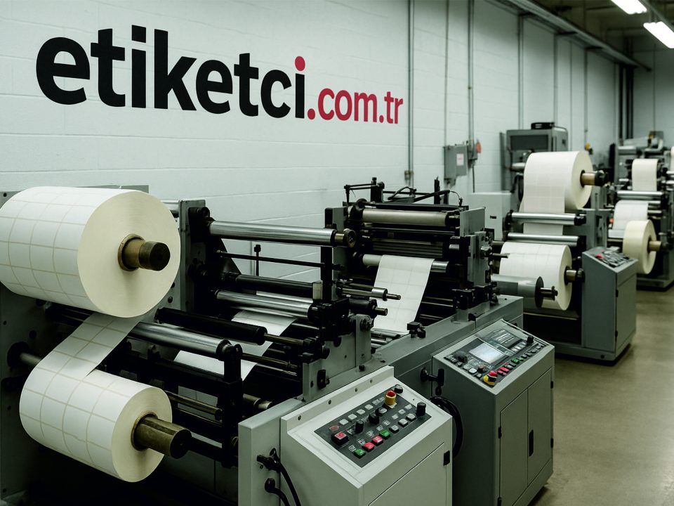 Baskısız rulo etiket üretiminin yapıldığı modern bir üretim tesisinde, etiket kesim ve sarım makineleriyle birlikte üretim süreci detaylı şekilde görülüyor. Arka planda "etiketci.com.tr" logosu duvarda yer alıyor.