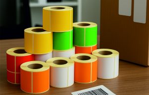 Renkli termal etiket ile Ofis ortamında bir masanın üzerinde kırmızı, sarı, yeşil, turuncu, beyaz renklerde 12 adet rulo etiket, barkod etiketi ve etiket yapıştırılmış koli yer alıyor.