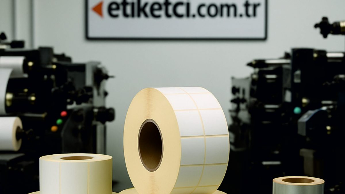 Etiket matbaa üretim tesisinde, masa üzerinde farklı boyut ve renklerde rulo etiketler yer alıyor. Arka planda etiket baskı makineleri ve duvarda “etiketci.com.tr” tabelası görünüyor.