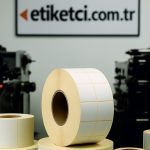 Etiket matbaa üretim tesisinde, masa üzerinde farklı boyut ve renklerde rulo etiketler yer alıyor. Arka planda etiket baskı makineleri ve duvarda “etiketci.com.tr” tabelası görünüyor.