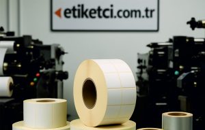 Etiket matbaa üretim tesisinde, masa üzerinde farklı boyut ve renklerde rulo etiketler yer alıyor. Arka planda etiket baskı makineleri ve duvarda “etiketci.com.tr” tabelası görünüyor.
