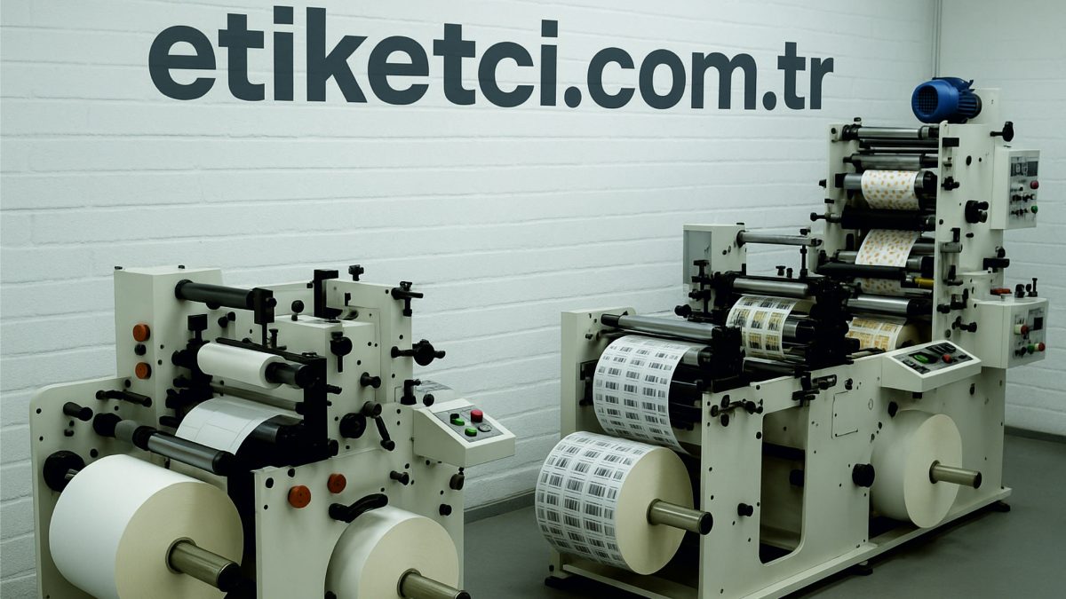 etiket üretim firması ve etiket makinelerinin yer aldığı duvarda etiketci.com.tr yazan bir görsel