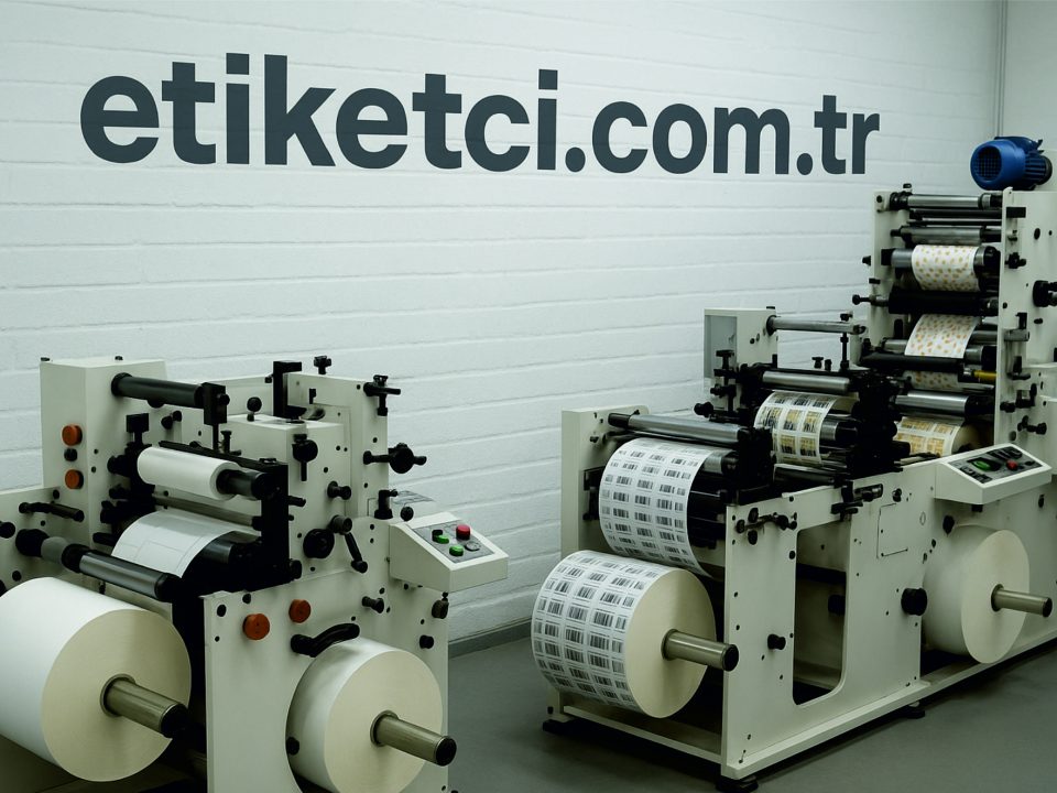 etiket üretim firması ve etiket makinelerinin yer aldığı duvarda etiketci.com.tr yazan bir görsel