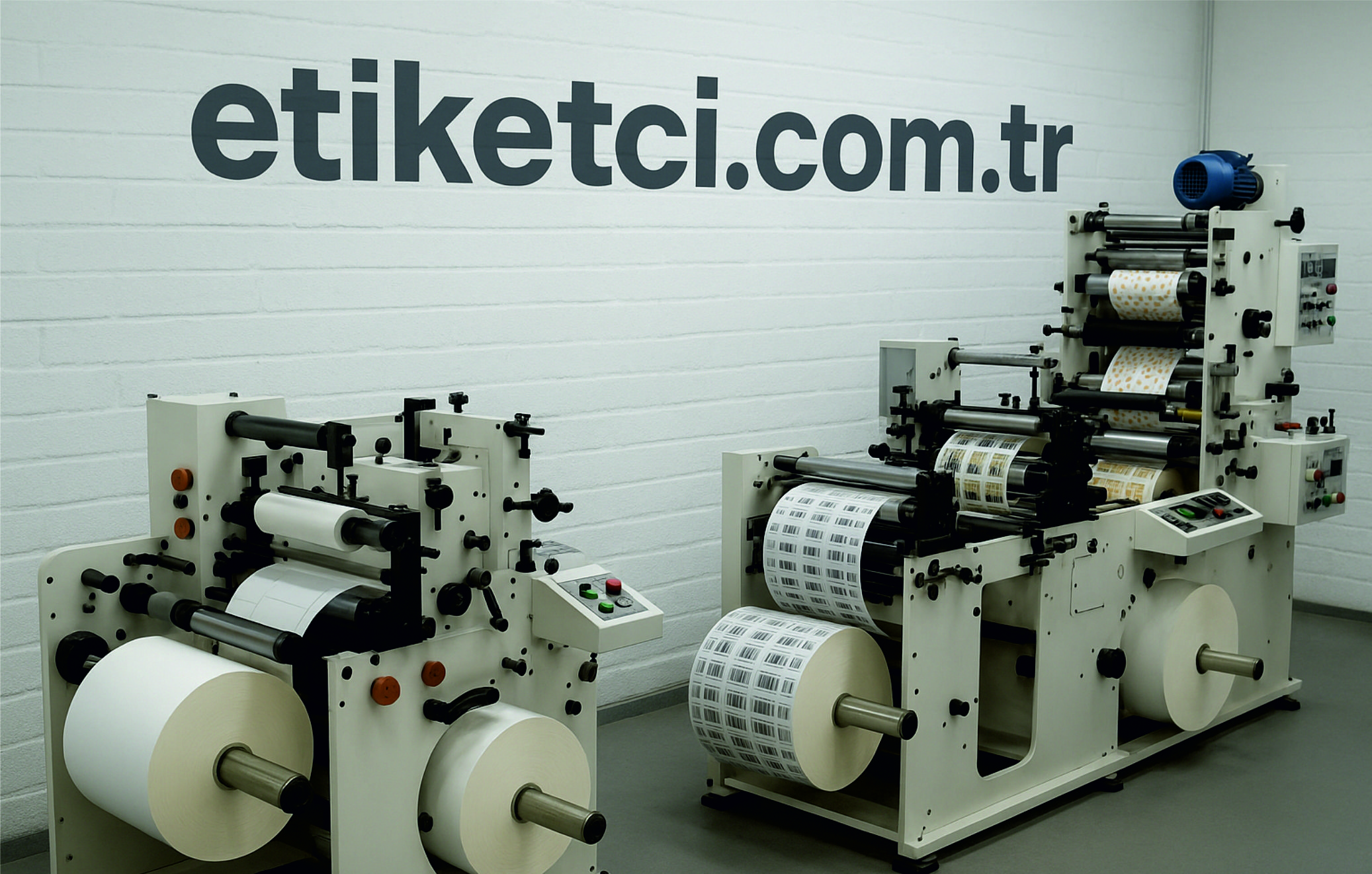 etiket üretim firması ve etiket makinelerinin yer aldığı duvarda etiketci.com.tr yazan bir görsel