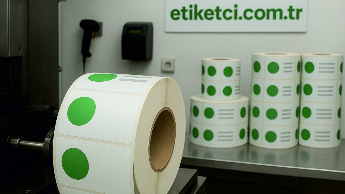 Rulo etiket üreticisi olan Etiketci.com.tr üretim tesisinde, barkod cihazlarının yanında duran ve üzerinde yeşil yuvarlak etiketler bulunan büyük rulo etiketler.