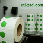 Rulo etiket üreticisi olan Etiketci.com.tr üretim tesisinde, barkod cihazlarının yanında duran ve üzerinde yeşil yuvarlak etiketler bulunan büyük rulo etiketler.