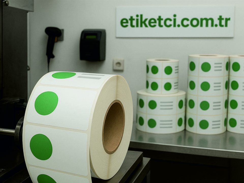 Rulo etiket üreticisi olan Etiketci.com.tr üretim tesisinde, barkod cihazlarının yanında duran ve üzerinde yeşil yuvarlak etiketler bulunan büyük rulo etiketler.
