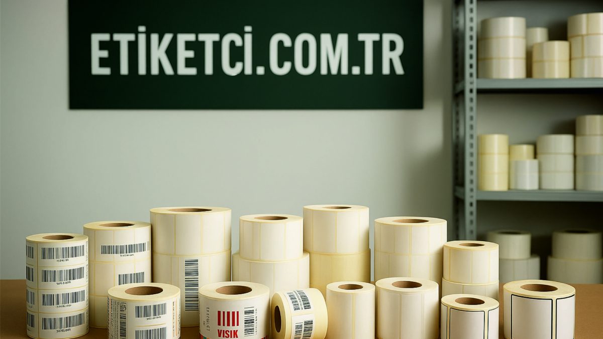 Rulo etiketçi üretim alanında masa üzerinde rulo etiket ve arka planda etiketci.com.tr tabelası bulunan depo görüntüsü