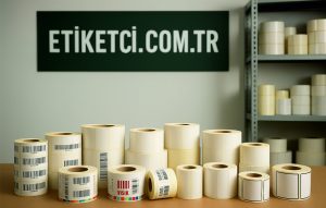 Rulo etiketçi üretim alanında masa üzerinde rulo etiket ve arka planda etiketci.com.tr tabelası bulunan depo görüntüsü