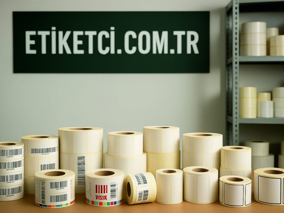 Rulo etiketçi üretim alanında masa üzerinde rulo etiket ve arka planda etiketci.com.tr tabelası bulunan depo görüntüsü